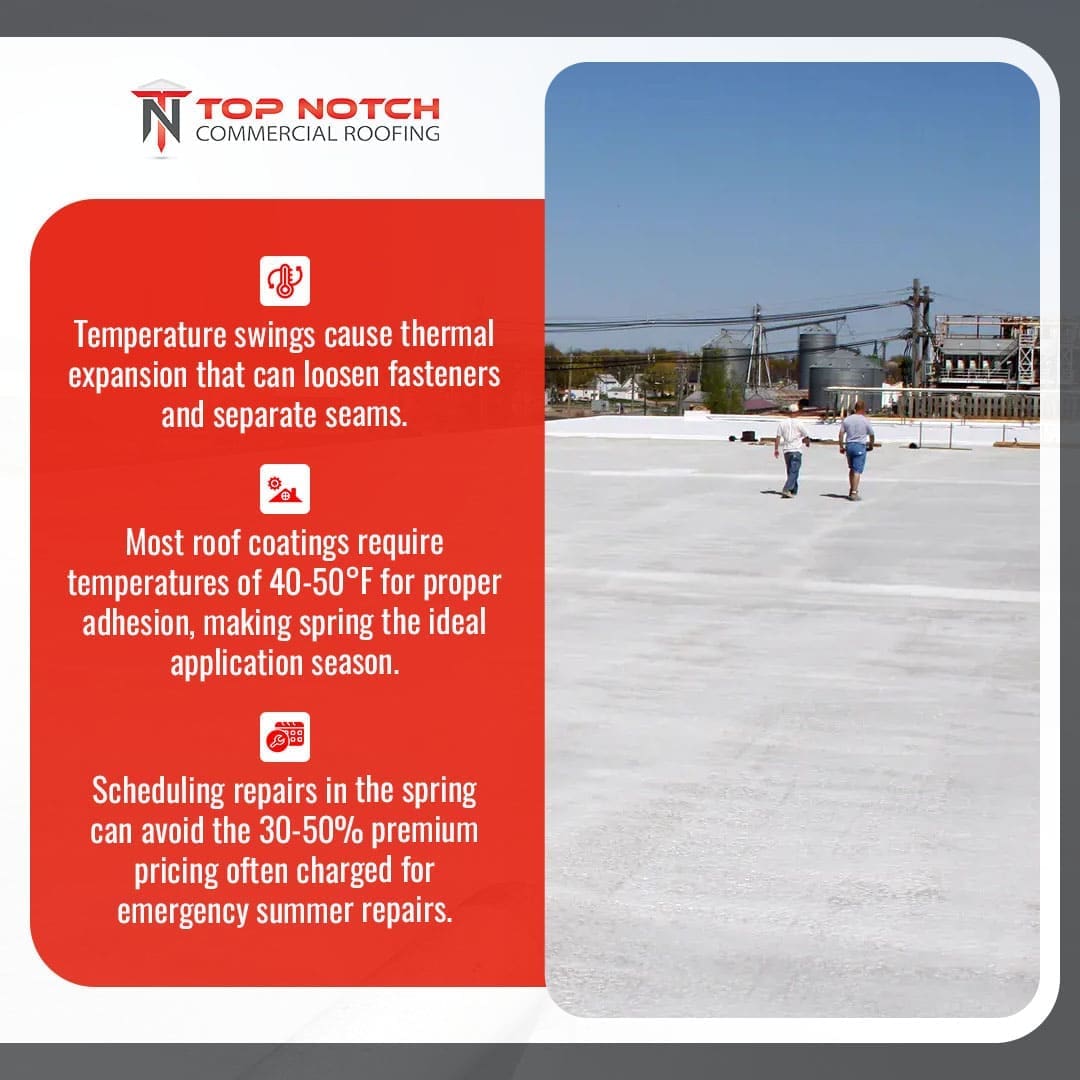 Commercial flat roof inspection showing membrane surface under clear weather conditions for spring maintenance