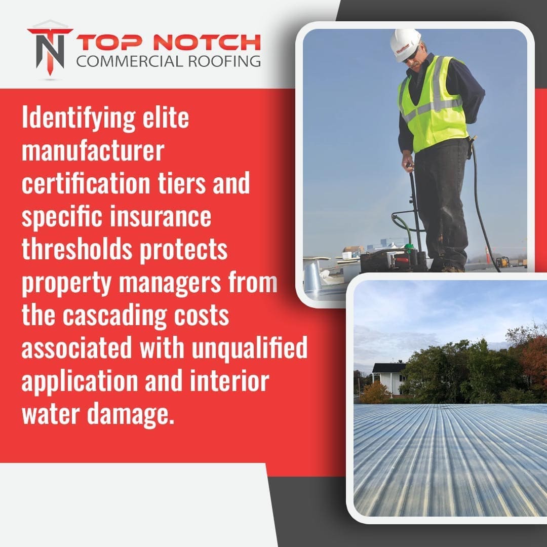 Top Notch Commercial Roofing graphic showing a contractor applying a roof coating and a finished corrugated metal roof. Text highlights how identifying elite manufacturer certification tiers and insurance thresholds protects property managers from unqualified application and water damage costs.