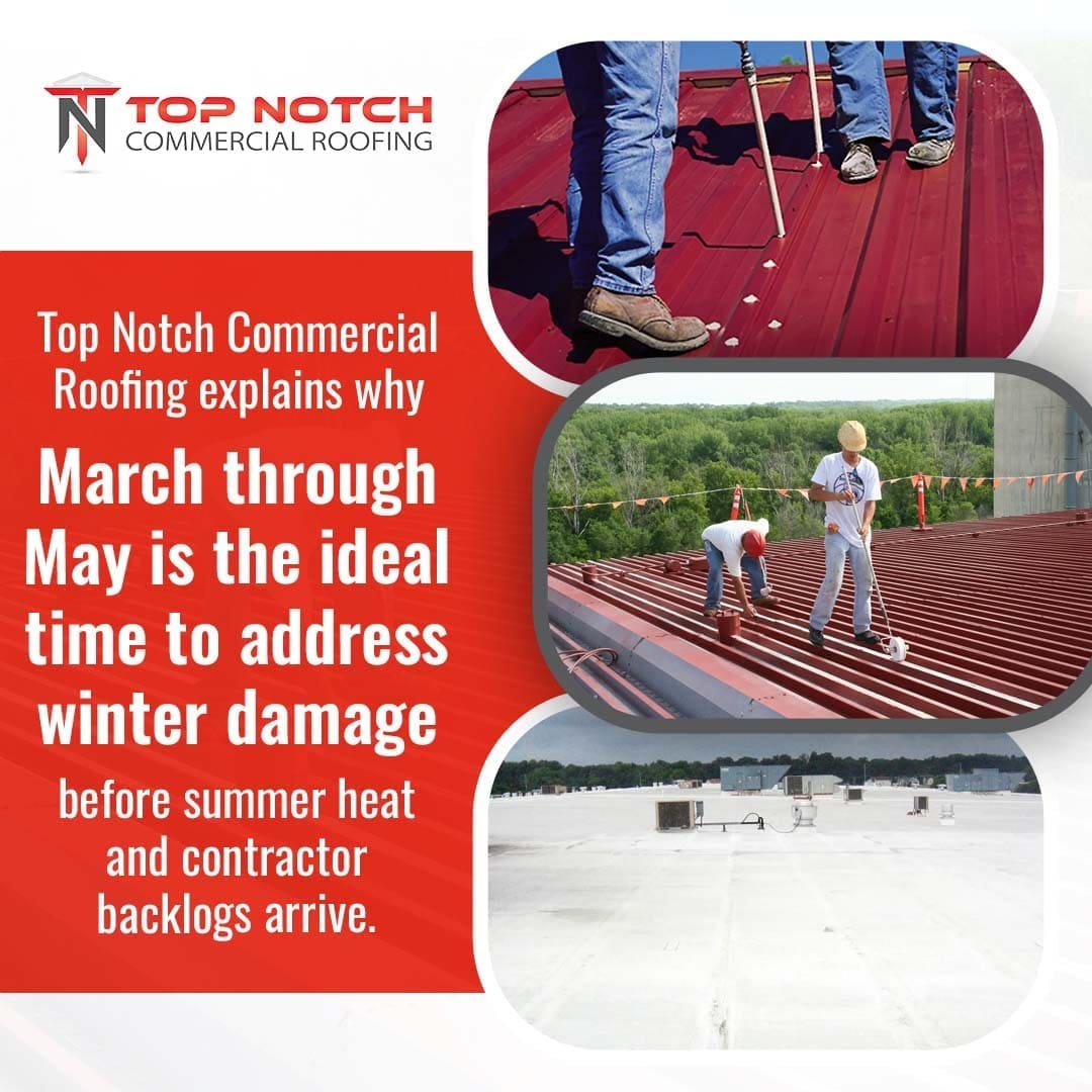 Commercial roofing contractors applying coating on metal roof during spring maintenance season