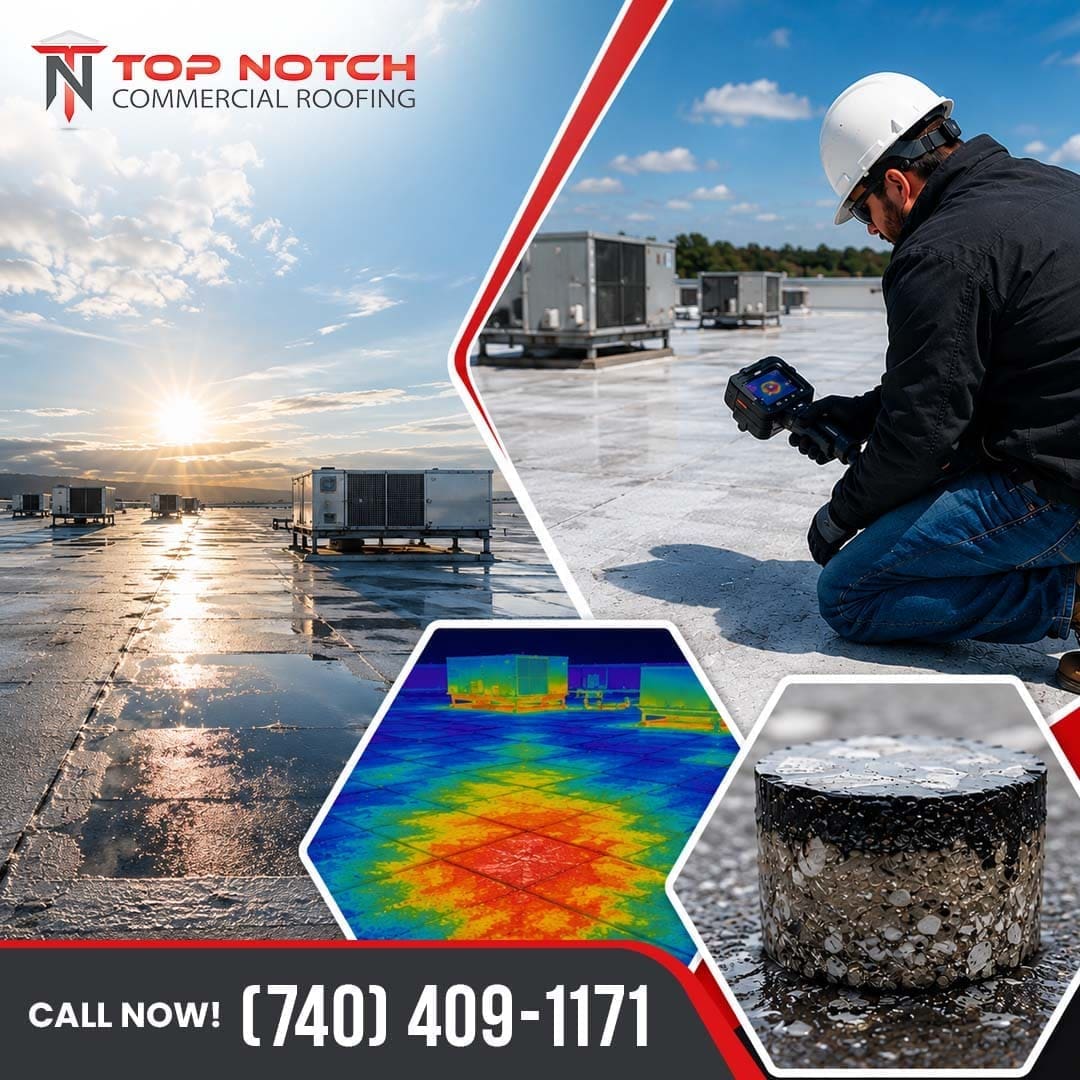 A collage illustrating a commercial flat roof, a roofing technician kneeling while using an infrared thermal imaging camera, a colorful thermal map of a rooftop showing heat variations, and a cylindrical core cut sample of roofing materials.