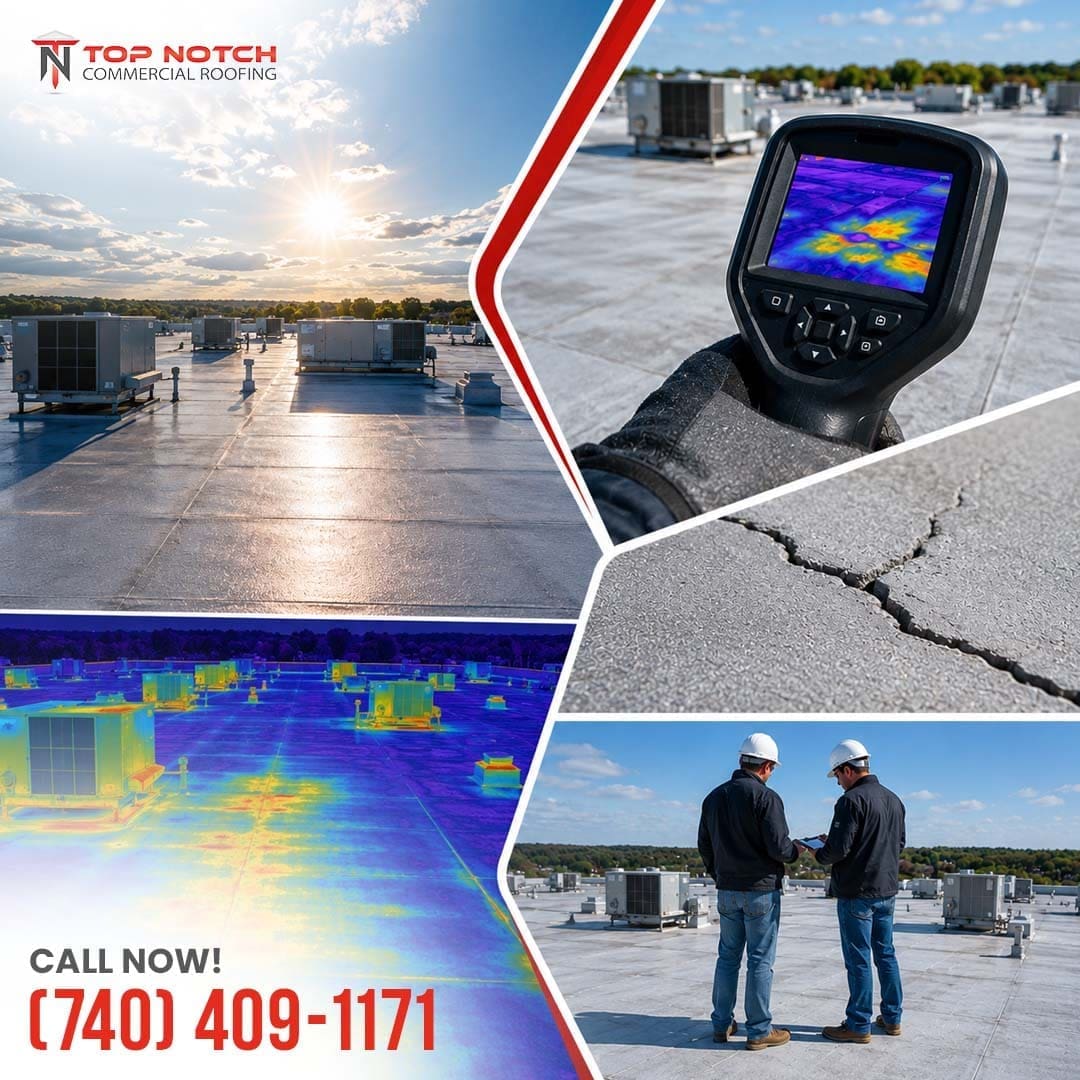 A collage displaying a commercial flat roof at sunset, a worker using a thermal imaging camera to scan for moisture, a close-up of a cracked roof membrane, and two roofing professionals inspecting a large flat roof.