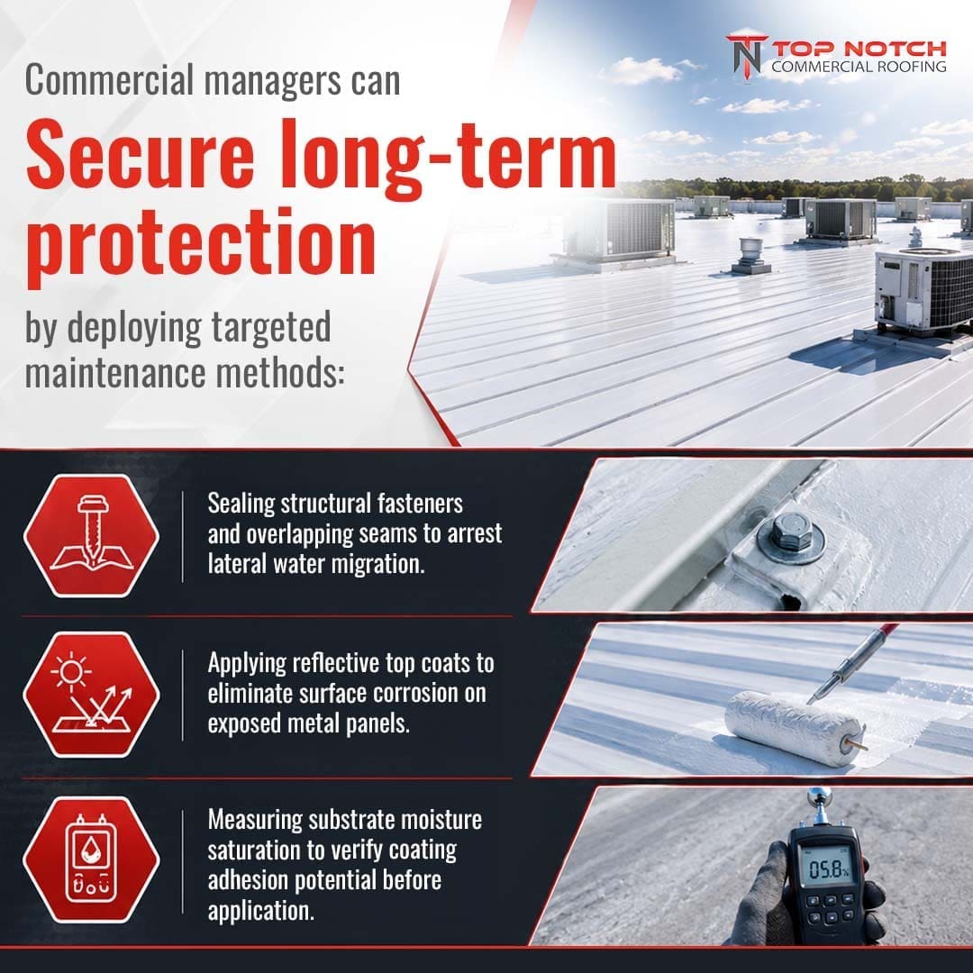Infographic explaining how commercial managers can secure long-term protection through targeted maintenance methods, including sealing structural fasteners, applying reflective top coats, and measuring substrate moisture.