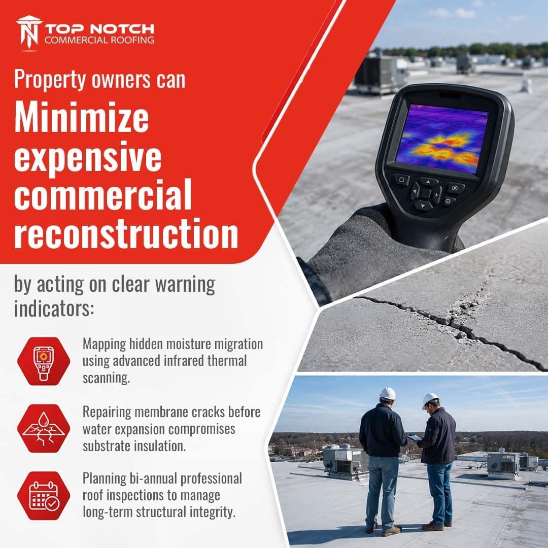Informational graphic advising property owners to minimize expensive commercial reconstruction by acting on warning indicators, such as mapping hidden moisture with advanced infrared thermal scanning, repairing membrane cracks, and planning bi-annual professional roof inspections.